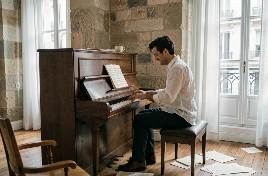 Jeune pianiste français dans un appartement parisien révisant des partitions manuscrites au piano droit