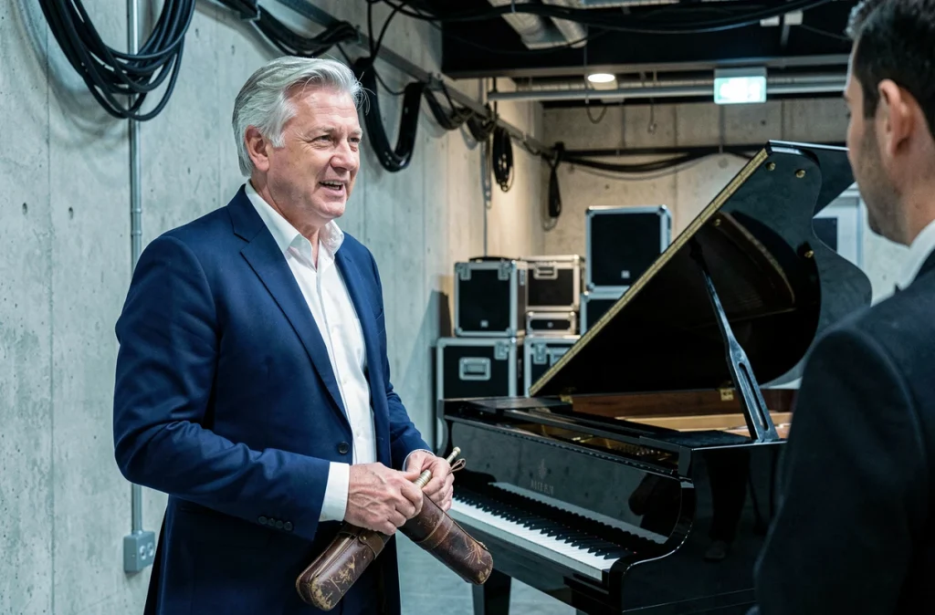 Pianiste français expérimenté en coulisses d'un opéra moderne discutant près d'un piano à queue