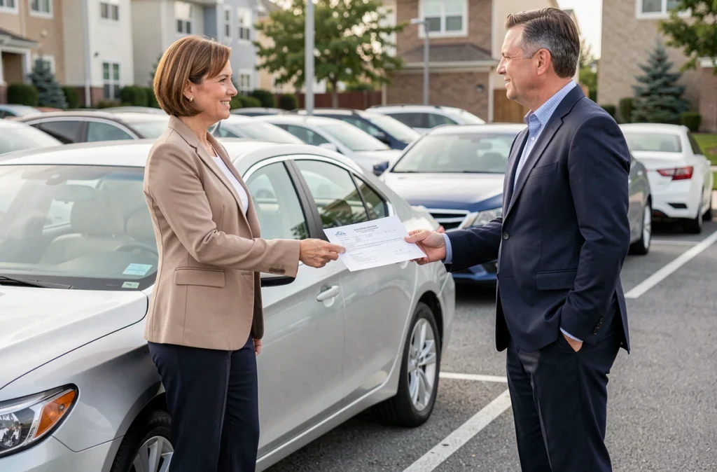 Une femme remet un certificat de non-gage à un acheteur lors de la vente d'une voiture d'occasion