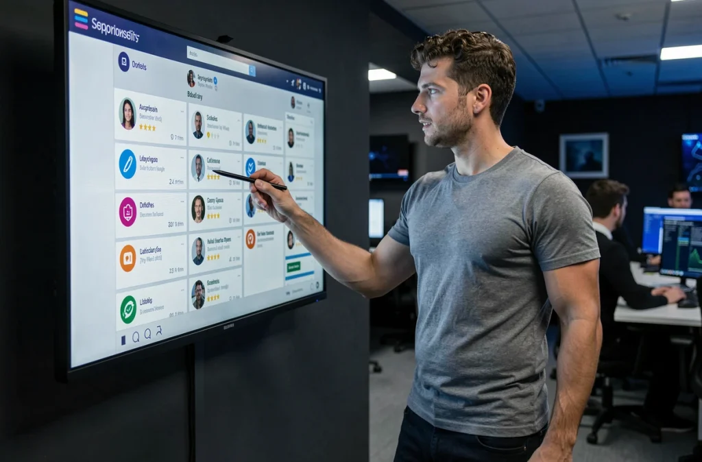 Technicien en cybersécurité inspectant un tableau de bord de réseaux sociaux pour identifier des comptes officiels et des imposteurs