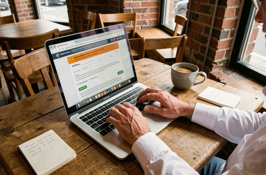 Mains tapant sur un ordinateur portable dans un café pour vérifier l'authenticité d'un compte officiel sur les réseaux sociaux