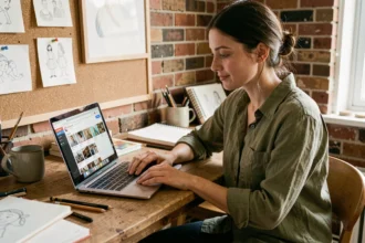 Artiste freelance femme en home studio consultant une plateforme d'emploi artistique en ligne sur son ordinateur portable