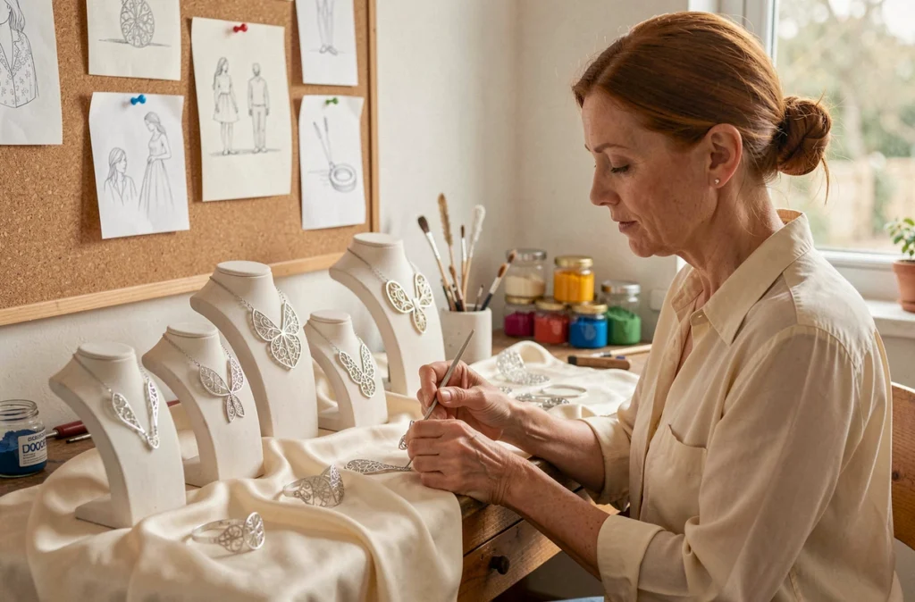 Atelier Éliette Chedanne à Angers, créations artisanales en argent et émail exposées dans un studio de design
