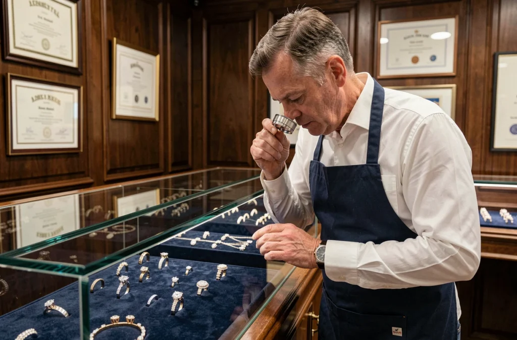 Joaillier Benoit Noury à Angers examinant une bague de diamant dans sa boutique de joaillerie haut de gamme