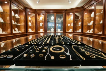Intérieur d'une bijouterie élégante en Maine-et-Loire avec des vitrines remplies de bijoux en or et en argent