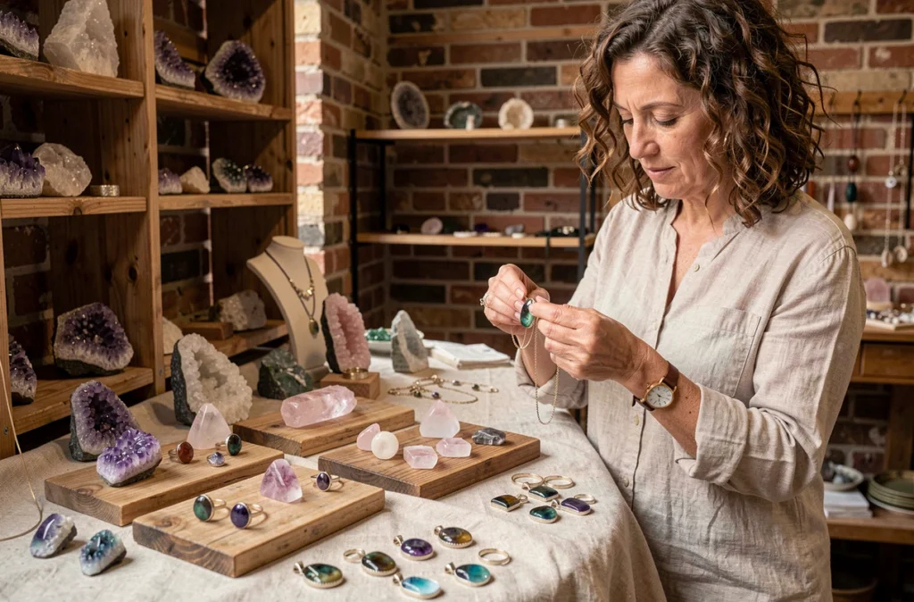 Bijoux de pierres naturelles et minéraux exposés sur un présentoir en bois pour Bijouxminérauxdegaia à Angers