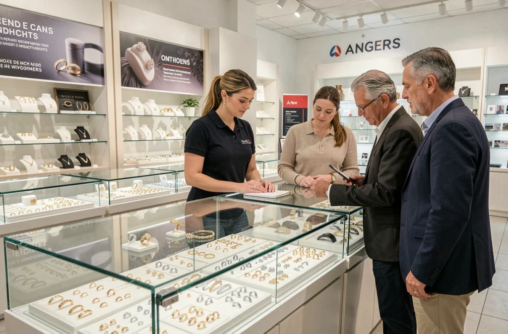 Boutique Carador à Angers avec une cliente et une vendeuse examinant des alliances dans une vitrine de bijoux