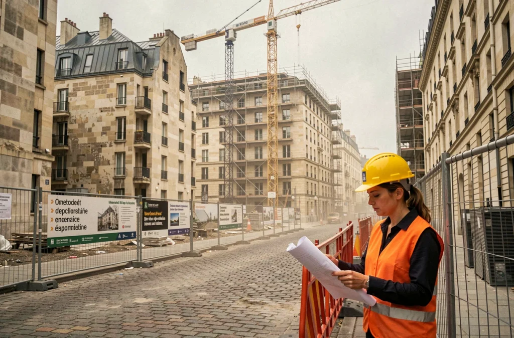 Chantier de construction d'un nouveau quartier parisien avec ingénieure et immeubles haussmanniens en arrière-plan