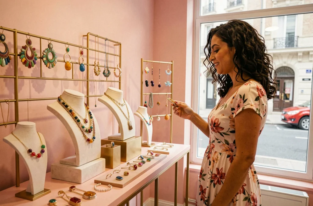 Boutique Dorothy à Cholet, bijoux tendance et créateurs exposés dans un espace féminin aux tons rose et or