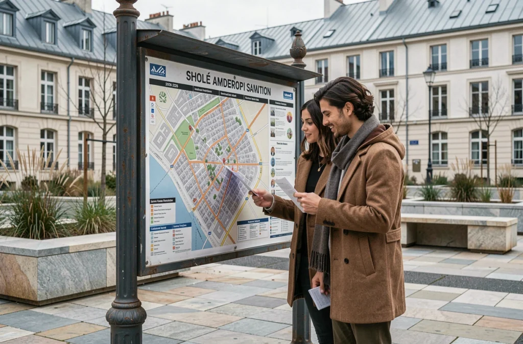 Deux habitants parisiens consultant le plan des projets urbains 2026 sur une borne d'information dans une place rénovée