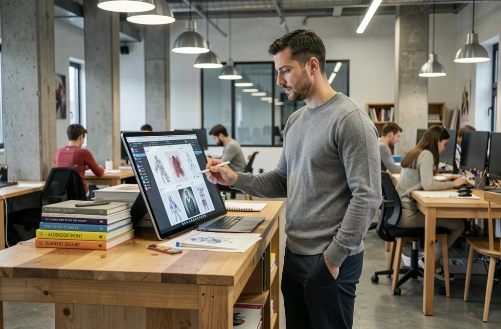 Illustrateur masculin dans un espace de coworking créatif consultant son portfolio numérique sur tablette pour décrocher des missions artistiques