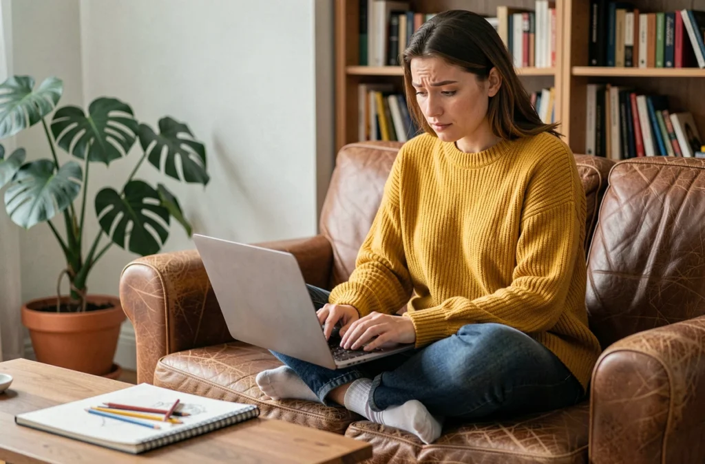 Jeune artiste femme construisant son profil sur une plateforme freelance depuis son appartement pour être repérée en ligne