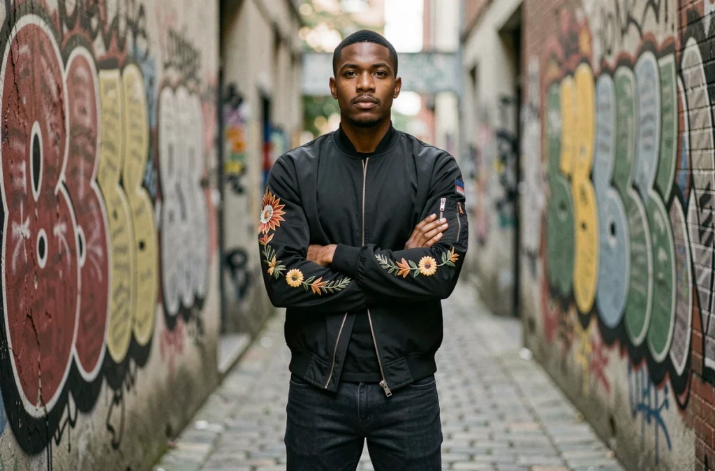 Jules rappeur posant devant un mur de graffitis urbains dans une ruelle, style hip-hop authentique