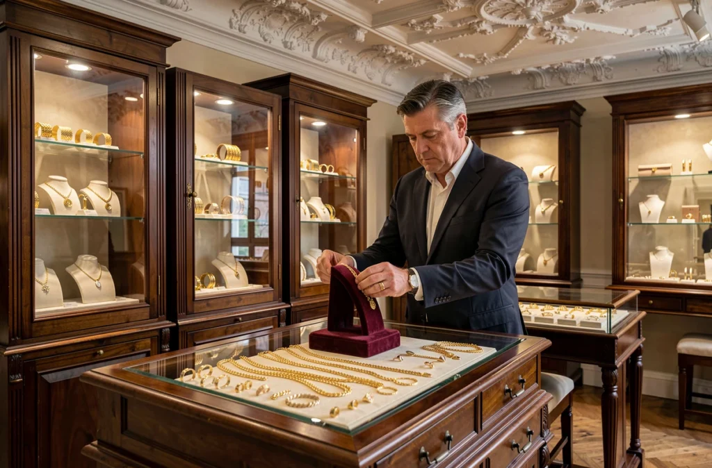 Maison Xavier Thomas à Angers, boutique de joaillerie classique avec vitrines de bijoux en or dans un cadre élégant