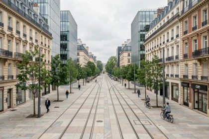 Nouveau boulevard haussmannien rénové dans un arrondissement parisien en 2026 avec tramway et piétons