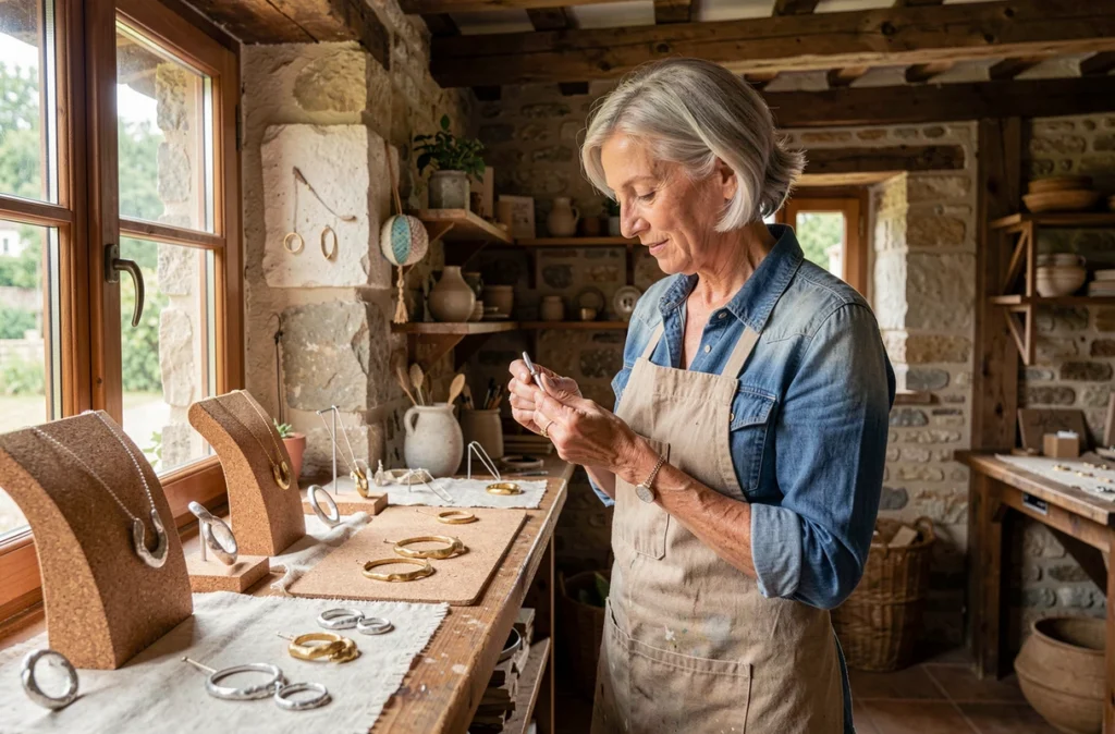 Patricia Frides bijoutière créatrice à Chemellier, présentant ses bijoux artisanaux uniques dans son atelier rural