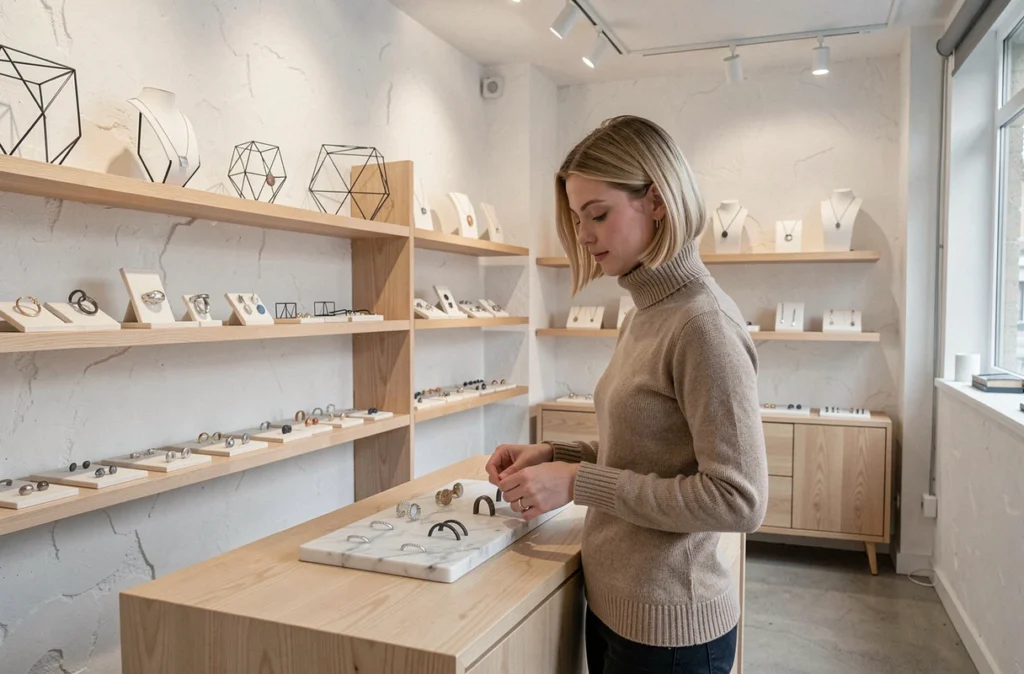Boutique Silice à Angers, bijoux contemporains en argent sur des présentoirs minimalistes en marbre et bois clair