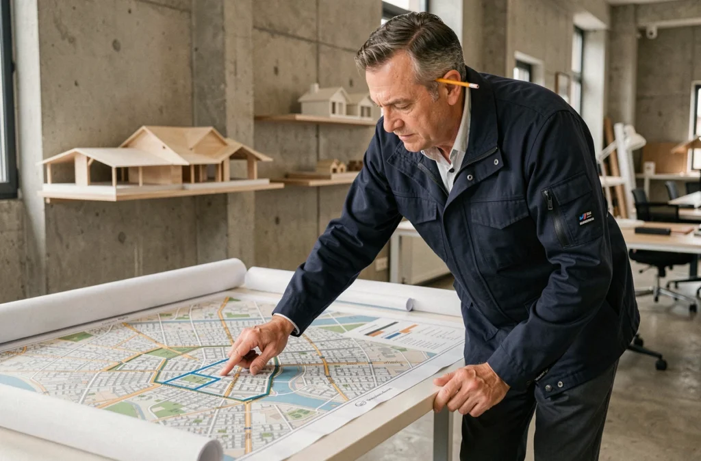 Urbaniste parisien étudiant le plan des nouveaux quartiers de Paris sur une table d'architecte