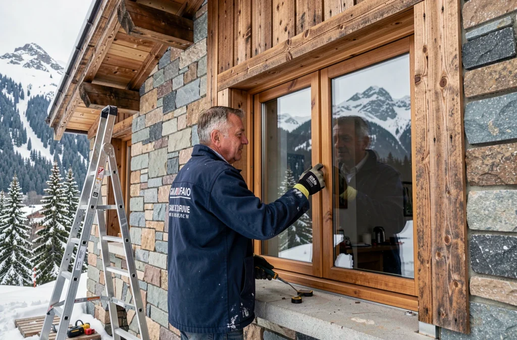 Vitrier de la Vitrerie Savoyarde posant une fenêtre à double vitrage sur un chalet en pierre et bois en Savoie