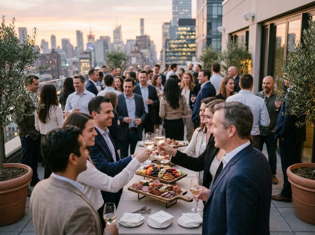 Cocktail dînatoire d'entreprise en plein air sur une terrasse urbaine avec des collègues qui discutent et trinquent lors d'un événement convivial