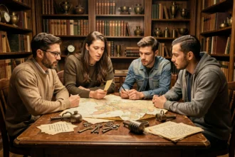 Groupe d'adultes résolvant des énigmes dans un escape game thème détective dans le Var