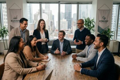 Groupe de professionnels souriants réunis autour d'une table lors d'un événement d'entreprise convivial en open space moderne