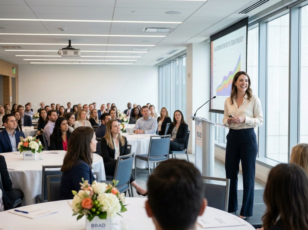 Femme présentant lors d'un événement d'entreprise professionnel devant un auditoire attentif dans une salle de conférence moderne